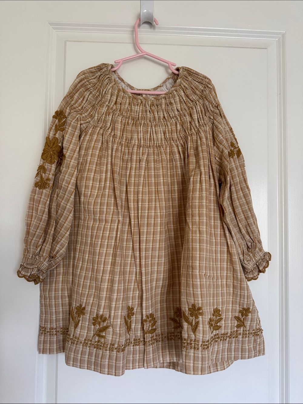 Lali | Tan Plaid Embroidered Long-Sleeve Peasant Dress | Size 6